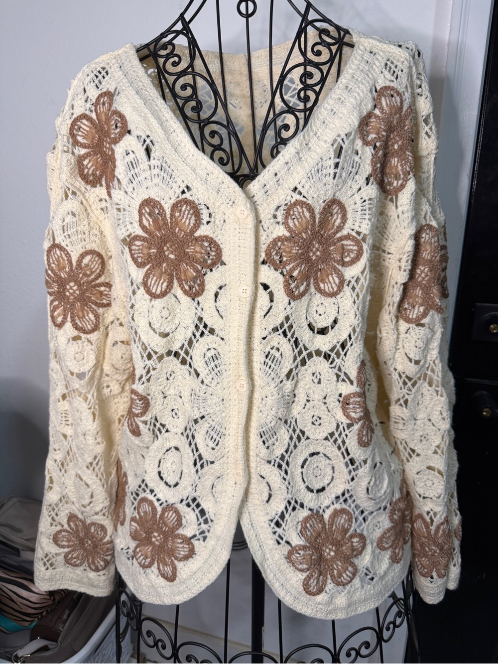 Cream Crochet Cardigan with Brown Floral Appliqués - Feminine Openwork Knit